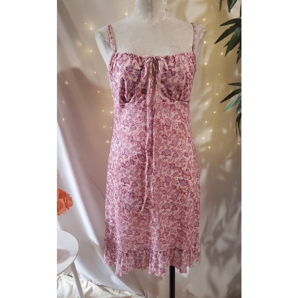 Vtg 90s Y2K Xhilaration Babydoll Milkmaid Ruffle Hem Dress M Fairy Coquette Pink